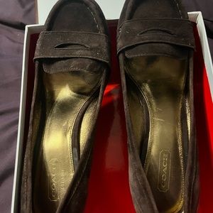 Coach Nela signature brown  penny loafer wedges. EUC 7.5 kid suede with box